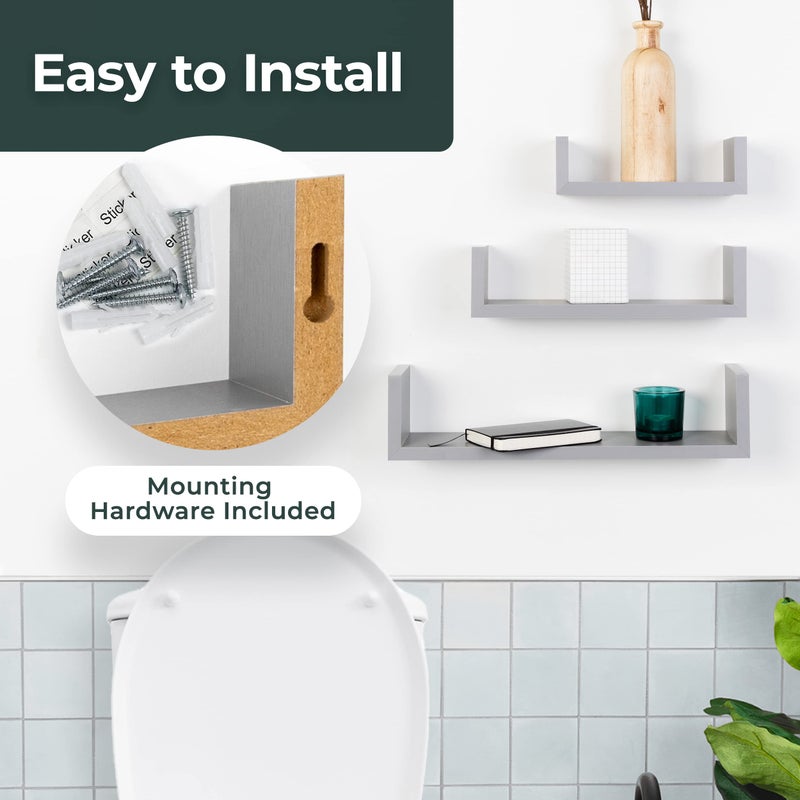 Greenco Set of 3 Floating â€œUâ€ Shelves, Easy-to-Assemble Floating Wall Mount Shelves for Bedrooms and Living Rooms, Grey Finish - Image 4
